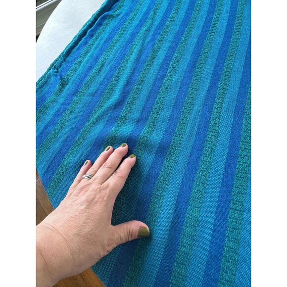 Vintage 70s curtains, peacock blue green stripes, pair of panels - Picture 5 of 7